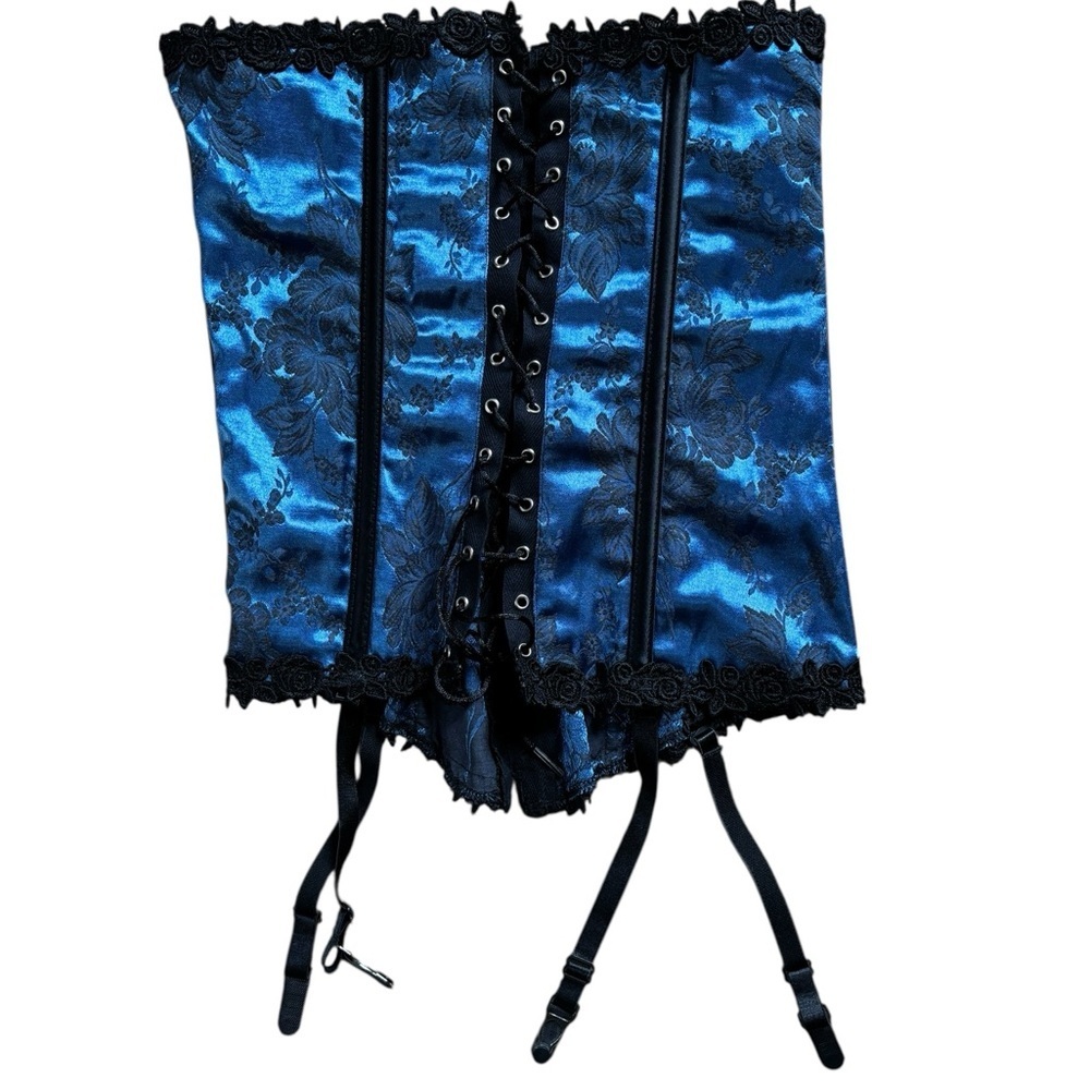 Shirley Of Hollywood Corset 32” Garters Lace Up Hook Eye Back Blue Black Floral